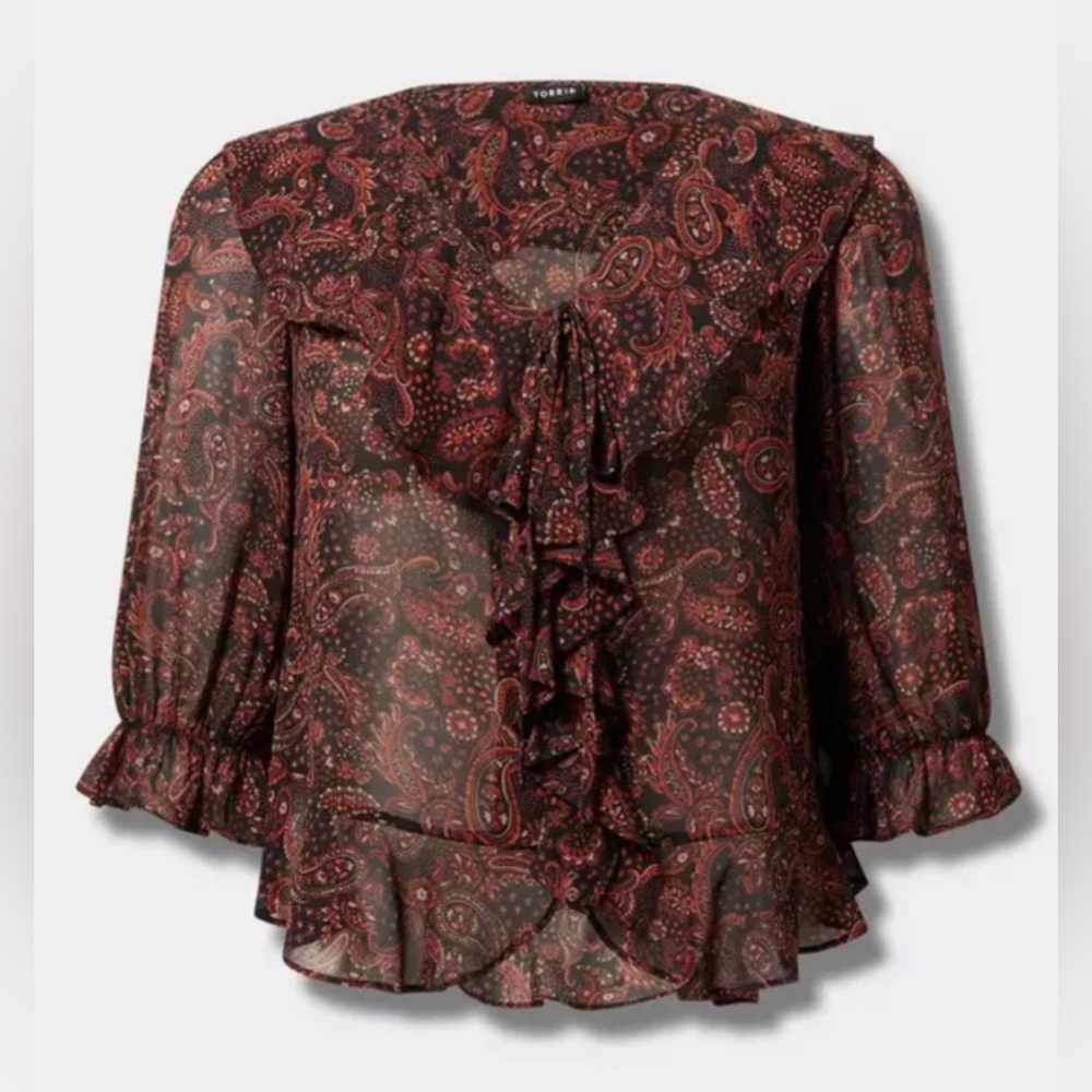 Torrid Chiffon Ruffle Tiered Blouse Paisley Collection Deep Black Unlined